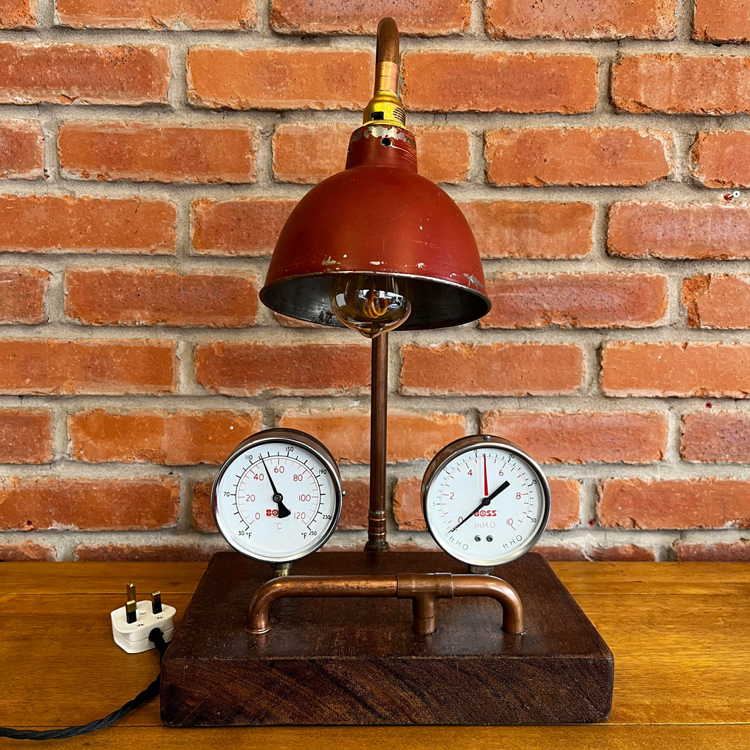 2 Gauge Red Shade Lamp - Handmade Vintage Steampunk / Industrial