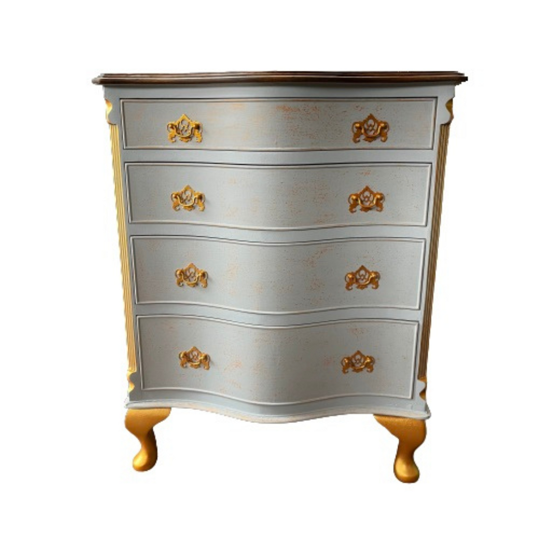 Serpentine Fronted Painted Chest of 4 Drawers with Gold Coloured Embellishments
