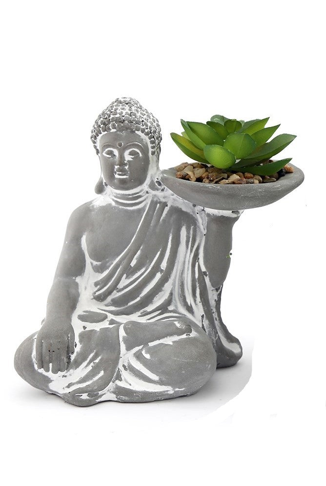 Cement Buddha With Faux Succulent